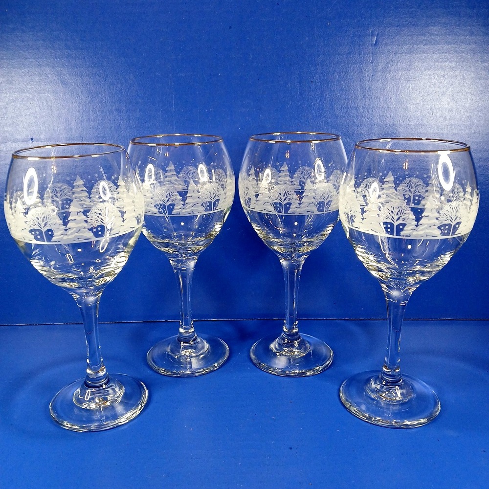 4 Arby's Wine Goblets Winter Wonderland Snow Frosted Trees Libbey Vintage